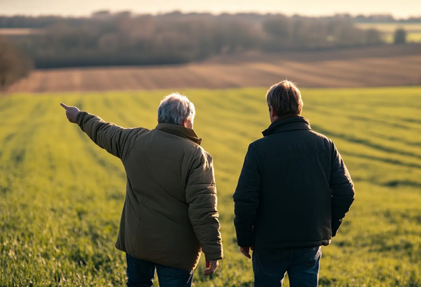 Stock image of two people looking over farmland.