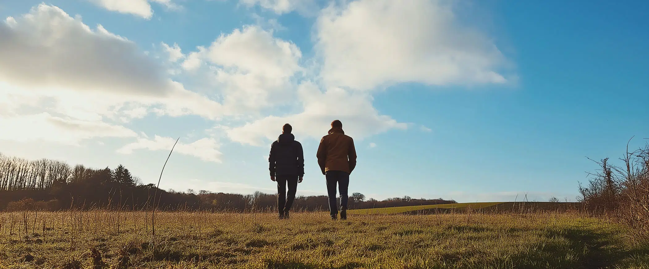 Stock image of two people walking in a field