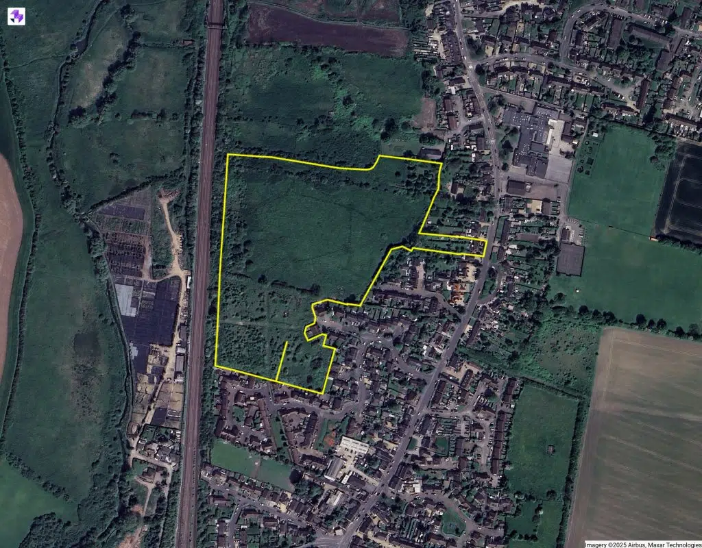 Aerial image of a plot of strategic land in Arlesey, Central Bedfordshire. Where Colecar Strategic Land has secured planning permissions for multiple housing developments.