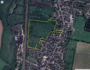 Aerial image of a plot of strategic land in Arlesey, Central Bedfordshire. Where Colecar Strategic Land has secured planning permissions for multiple housing developments.