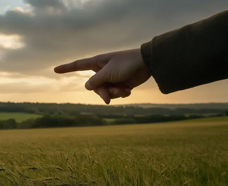Finger pointing to a farm field