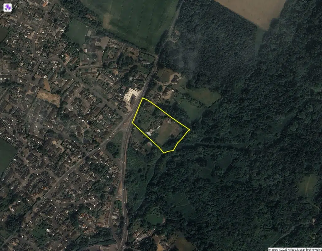 Aerial image of a 3.35-acre plot of strategic land in Newton Flotman, Norfolk. Which Colecar strategic land acquired the freehold with the view of submitting a planning application for 25 net-zero homes.
